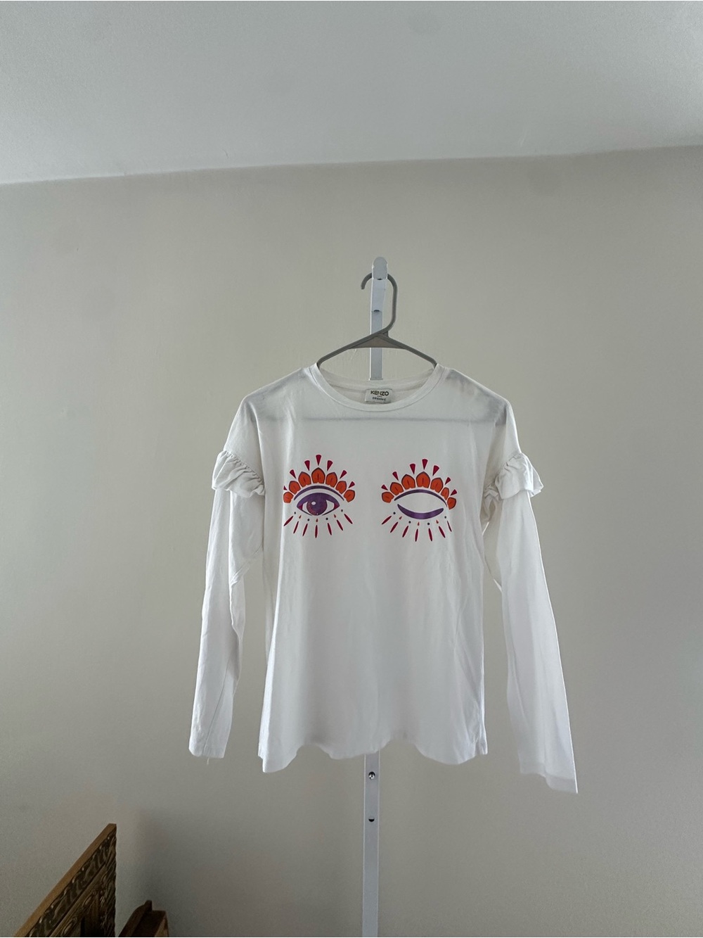 Kenzo White Long-Sleeve Top with Eye Motif and Ruffle Sleeves